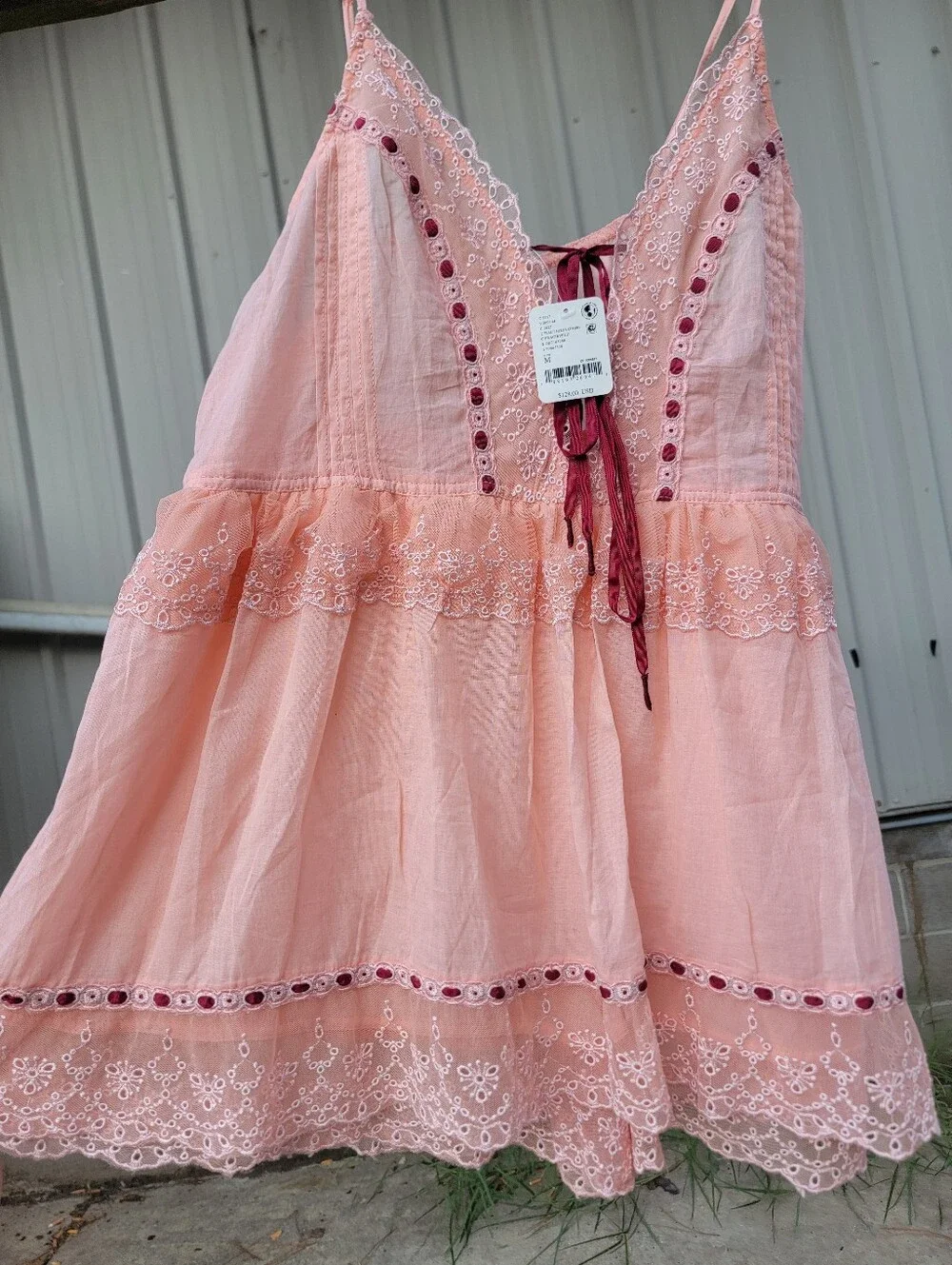 Free People Peach Pink Eyelet Cotton Romper with Maroon Tie NWT